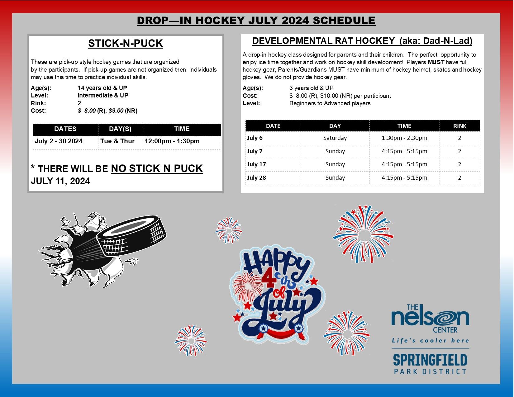 July 2024 Drop-In Hockey Schedule
